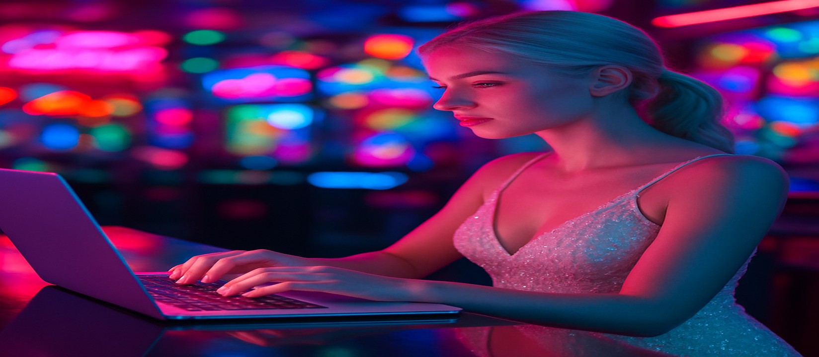 নিয়ন আলোয় fd7 ল্যাপটপে এভিয়েটর গেম খেলার একজন নারী