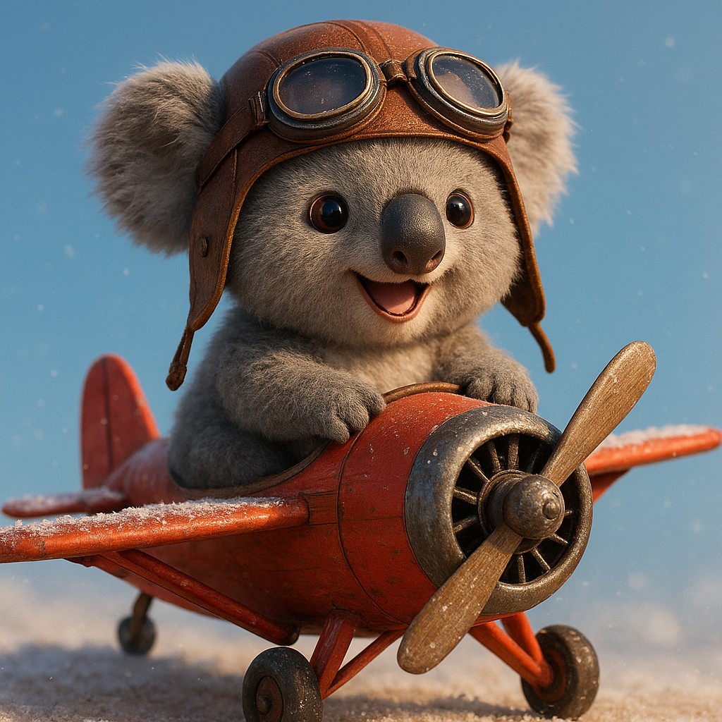 লাল রঙের প্রপেলার চালিত বিমানে কার্টুন-স্টাইলের পাইলট আকাশে উড়ছেন