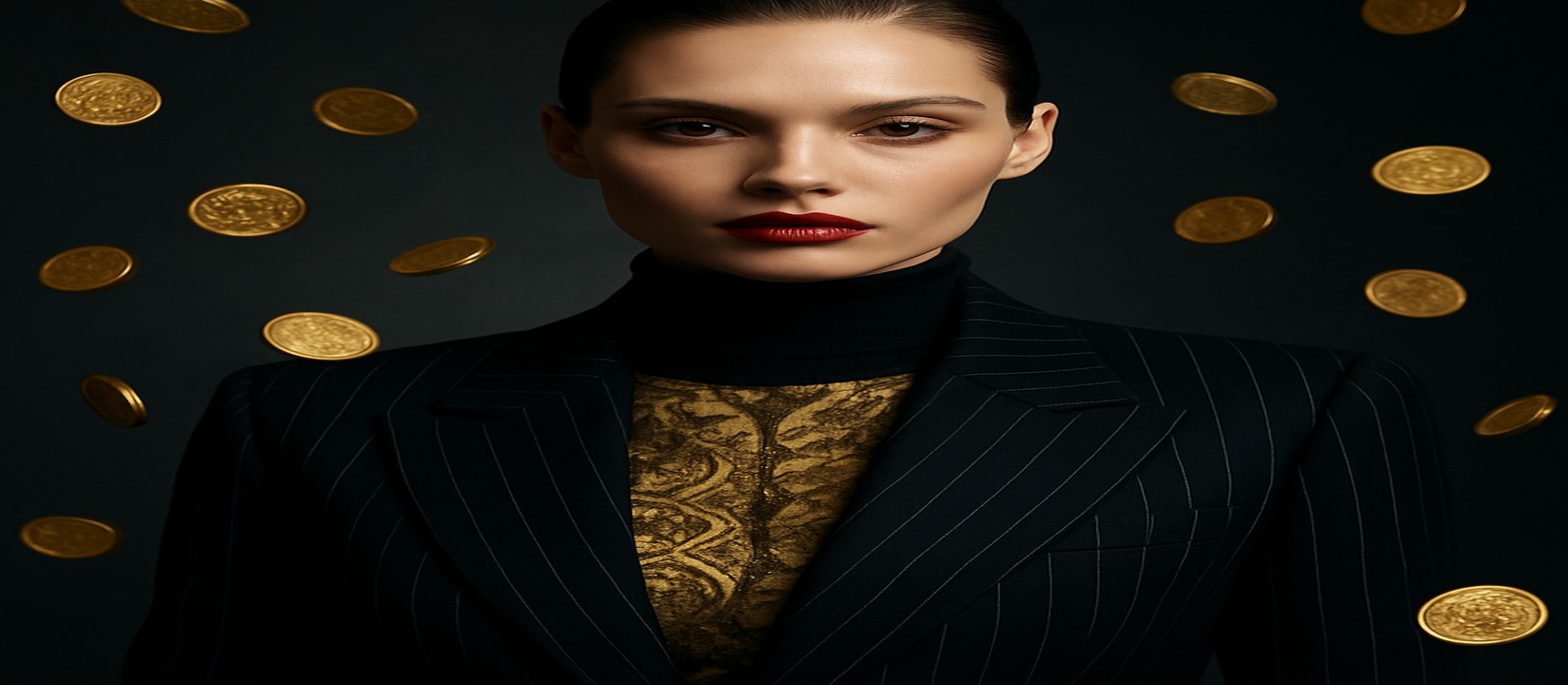 fd7 ব্র্যান্ড-লুকের সঙ্গে কালো ডোরাকাটা পোশাকে সোনালি আলোয় মোড়া এক নারী, চারপাশে ভাসমান সোনার কয়েন