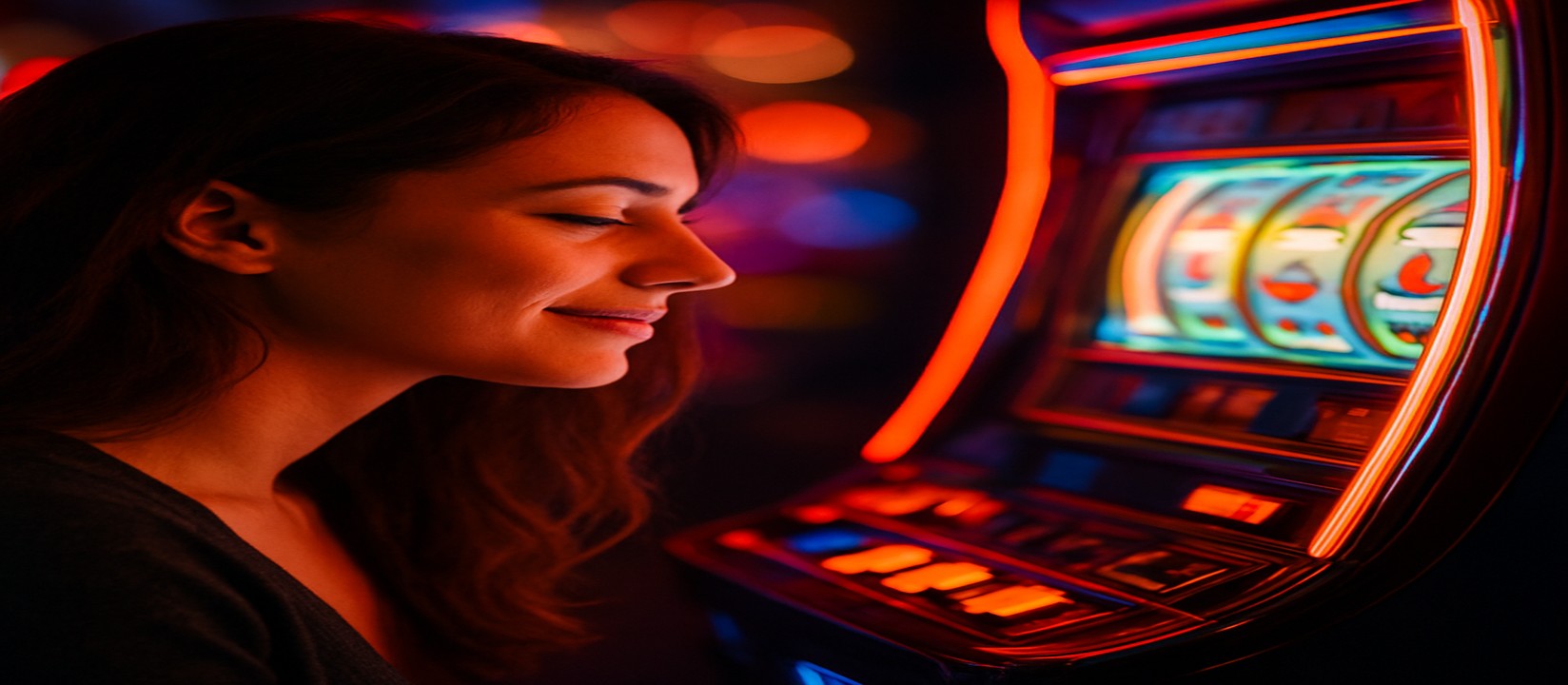 fd7 রঙিন আলোয় আর্কেড গেম খেলতে থাকা হাসিখুশি নারী